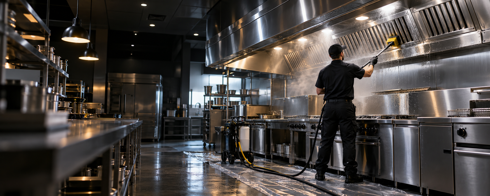Illustrative commercial kitchen exhaust cleaning scene